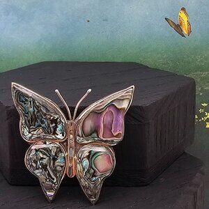 Vintage Butterfly Brooch Alpaca Abalone Shell Inlay Colorful Silver Iridescent